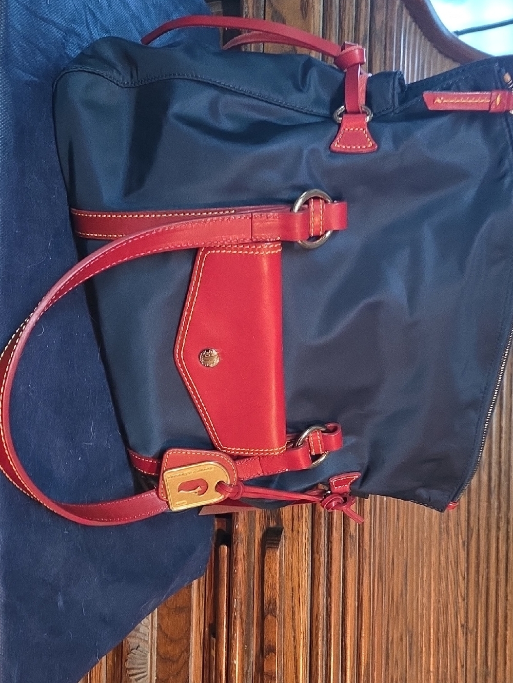Navy and Red Women's Tote Bag with Contrast Trim